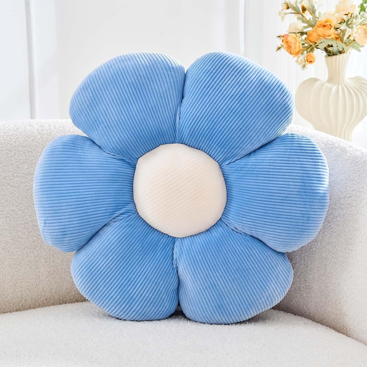 Dusty Blue Flower Pillow, 14.9" Cute Flower Shaped Floor Pillow, Aesthetic Floral Plush Daisy Decorative Throw Pillows for Bed Sofa Couch