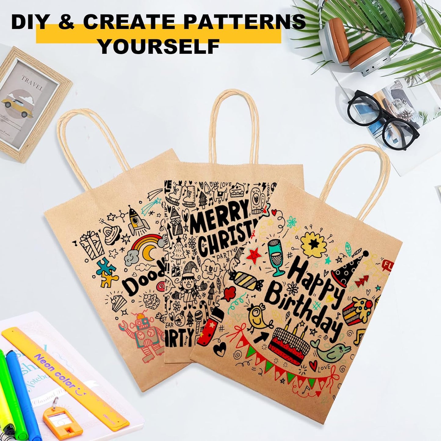 BAG BOX 25 Pack 5.9x3.1x8.25 Inch Brown Gift Bags with Handles,Bulk Kraft Paper Bags for Shopping, Retail, Merchandise, Wedding, Party Favors, Paper Grocery Sacks