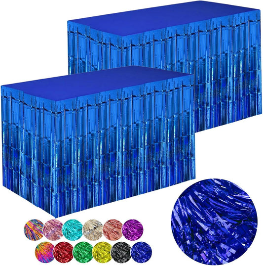 Blue Streamers Party Decorations, 2 Packs Blue Table Skirts Metallic Foil Fringe Tinsel for Birthday Under the Sea Boy Baby Shower Float Parade Mardi Gras Graduation Party Supplies -29x108Inch