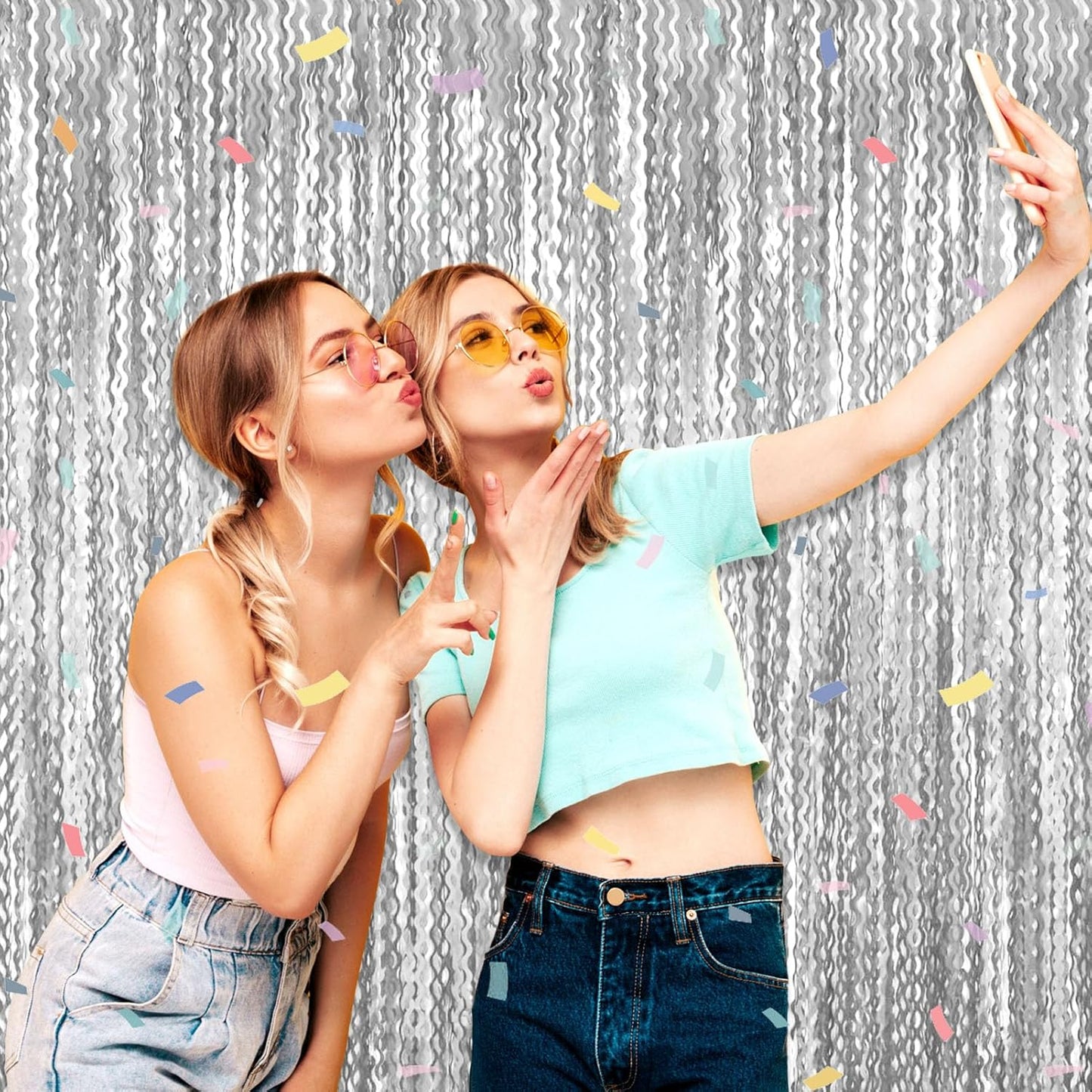 4 Pack Silver Wave Foil Fringe Curtain Backdrop, 3.28Ft x 8.2Ft Metallic Tinsel Foil Fringe Streamer Curtains for Photo Booth, Mother's Day, Easter, Birthday, Wedding Party Decoration