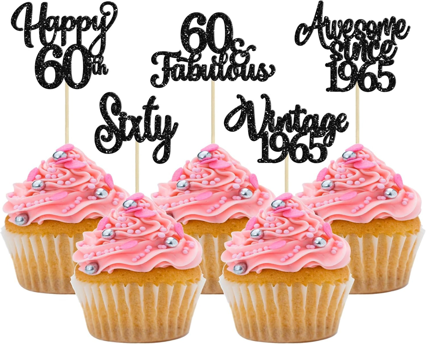 30Pcs Happy 60th Birthday Cupcake Toppers Glitter Sixty Vintage 1965 Cupcake Picks Cheers to 60 Fabulous Cake Decorations for 60th Birthday Wedding Anniversary Party Supplies Black