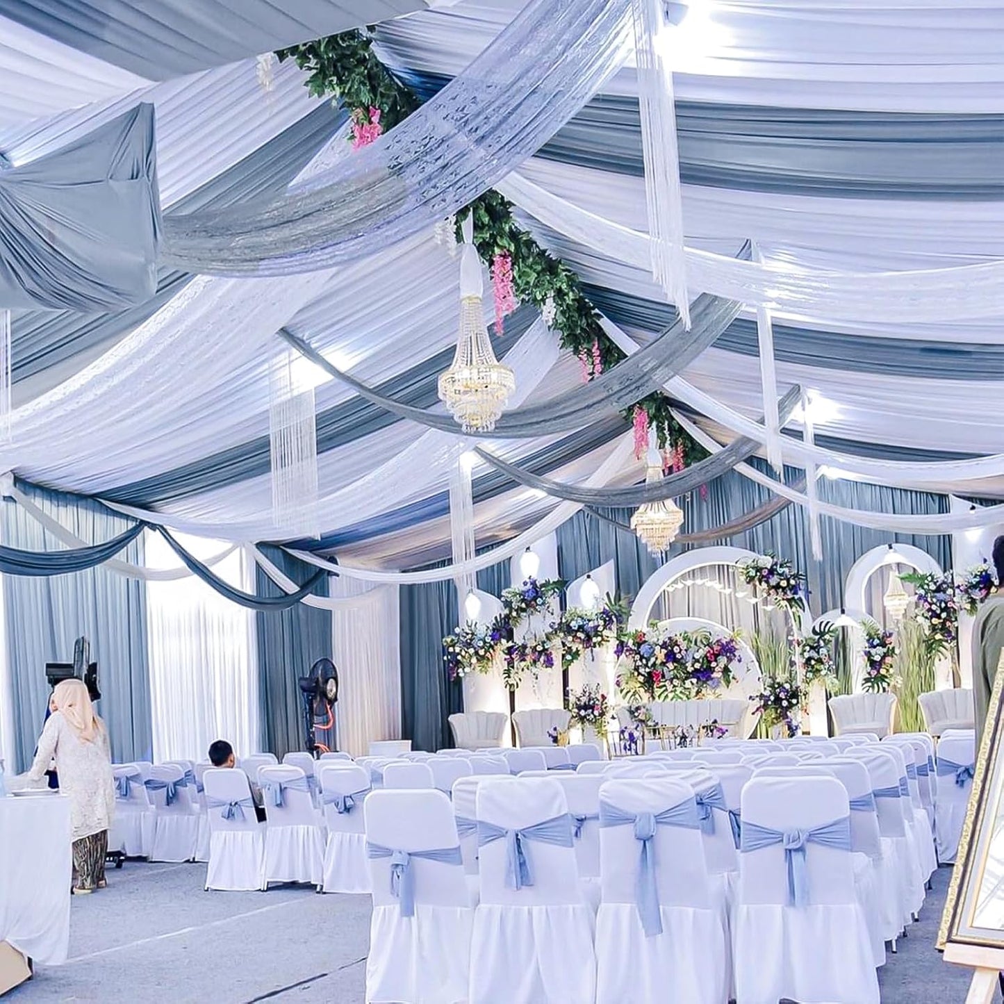 6 Panels Dusty Blue Ceiling Drapes for Wedding 5ftx10ft Chiffon Fabric Arch Draping Curtains Sheer Drapery for Party Ceremony Birthday Baby Shower Reception Stage Swag Ceiling Decorations