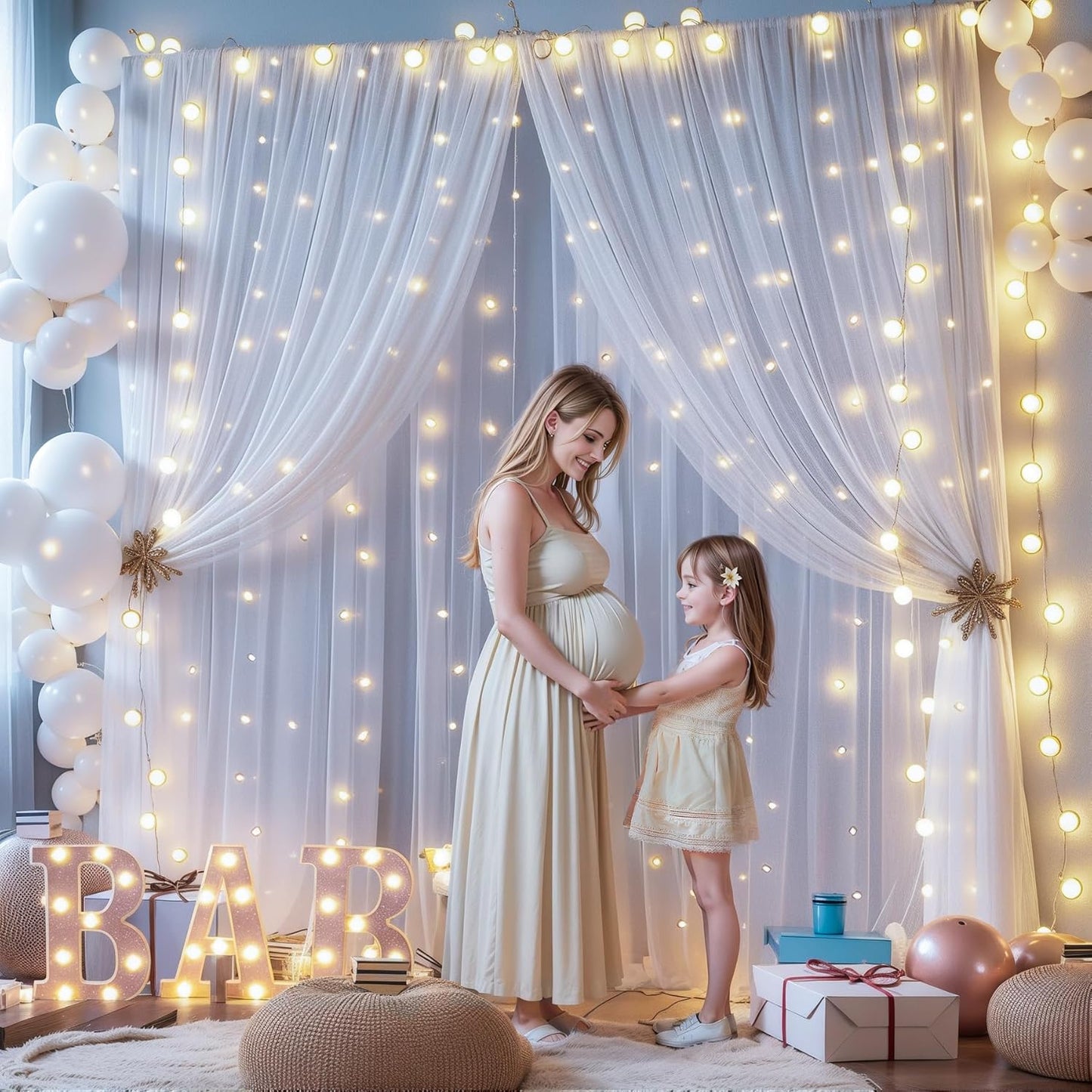 10ft x 8ft White Sheer Tulle Backdrop Curtains with Lights String Wedding Backdrop for Reception Ceremony Birthday Party Baby Shower Photo Booth Background Decoration