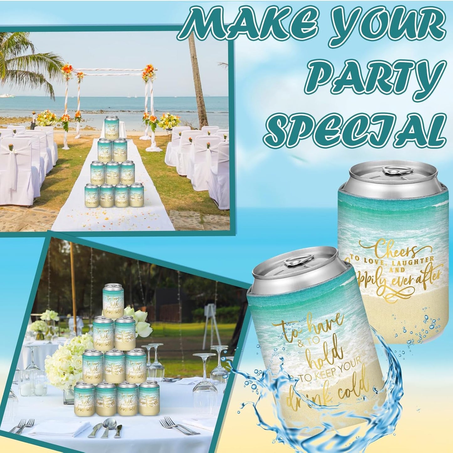 50 Pieces Beach Theme Wedding Can Cooler Bulk Engagement Party Favors for Guests Cheers to Love Laughter and Happily Ever After Rehearsal Dinner Decorations for Wedding Bridal Party
