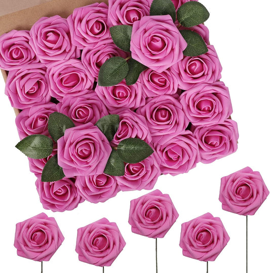 N&T NIETING Artificial Flowers, Hot Pink Artificial Roses, 50pcs Fake Flowers with Stem for DIY Wedding Bouquets Centerpieces Bridal Baby Shower Party Home Arrangement Decoration