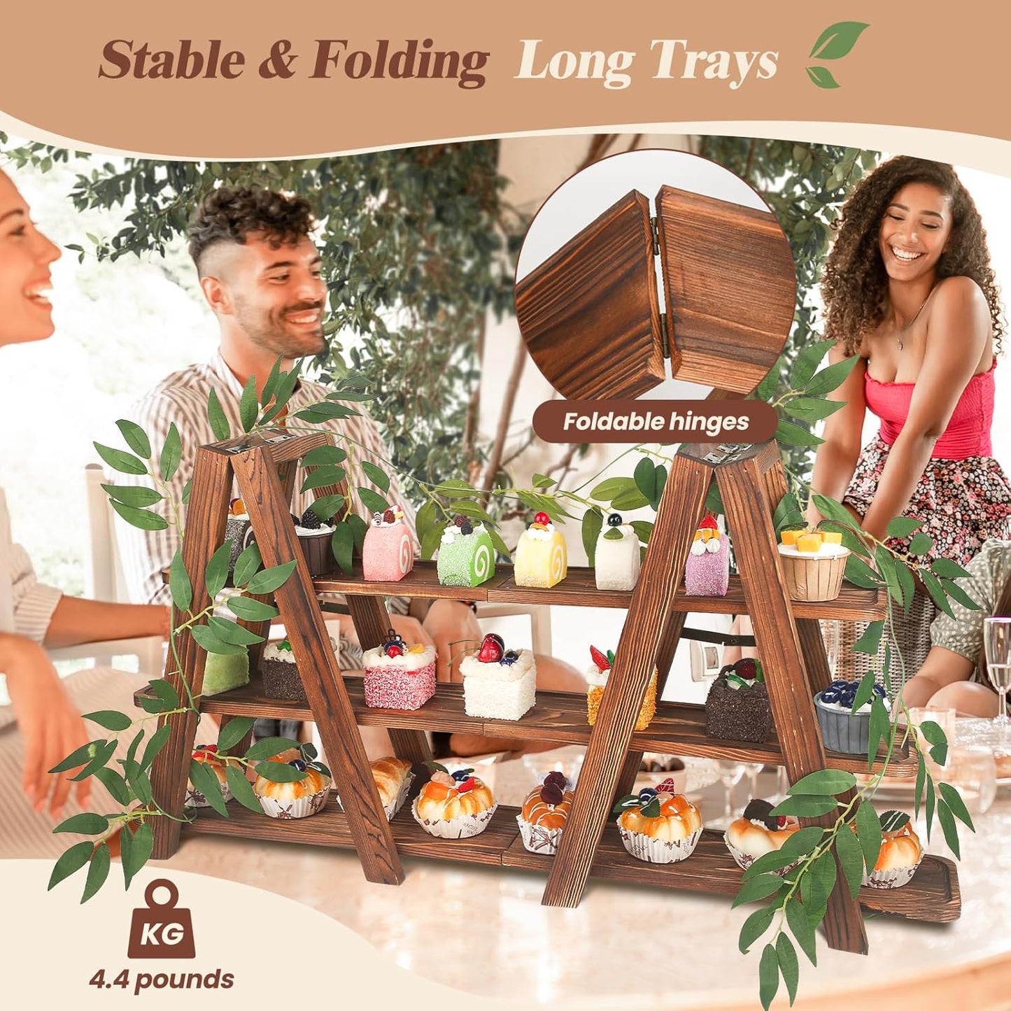 Wooden 3-Tier Cupcake Stand with Removable Trays & Vine Decoration – Foldable Party Display Serving Ladder with Platter for Cake, Snacks, Fruits, Chips, Bread