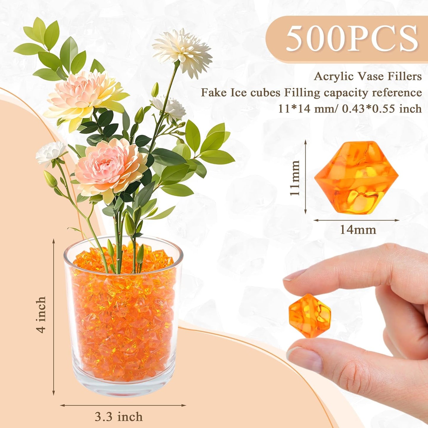 YATOJUZI 500pcs Fake Ice Cubes Orange Acrylic Crushed Rocks Vase Fillers Plastic Diamonds Gems for DIY Party Wedding Centerpiece Table Scatter Prop Display 0.5" (Only Orange)