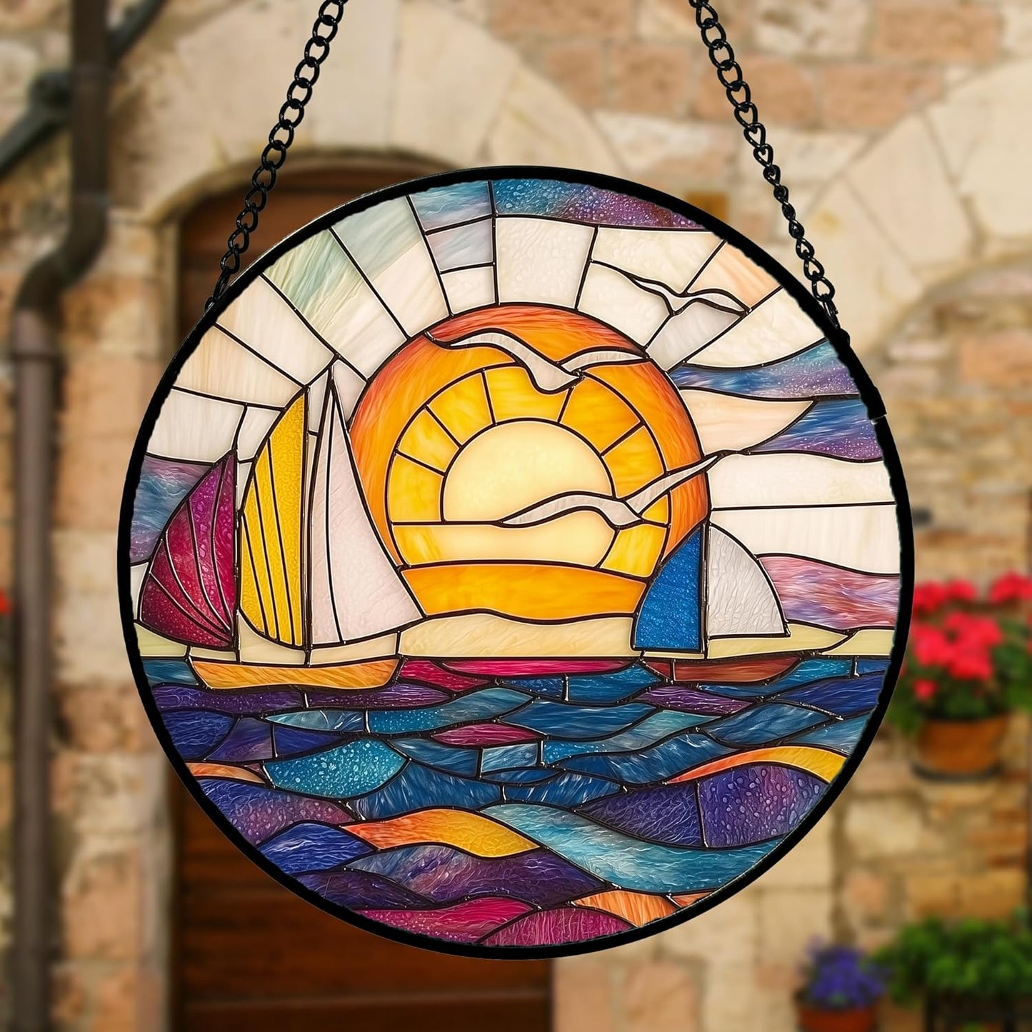 Stained Glass Window Hanging, Sailboat and Waves Suncatcher Diamond Glass Panel Hangings Sun Catchers Decor for Birthday for Women, Men, Wife, Aunt, and Mom 9.8 in