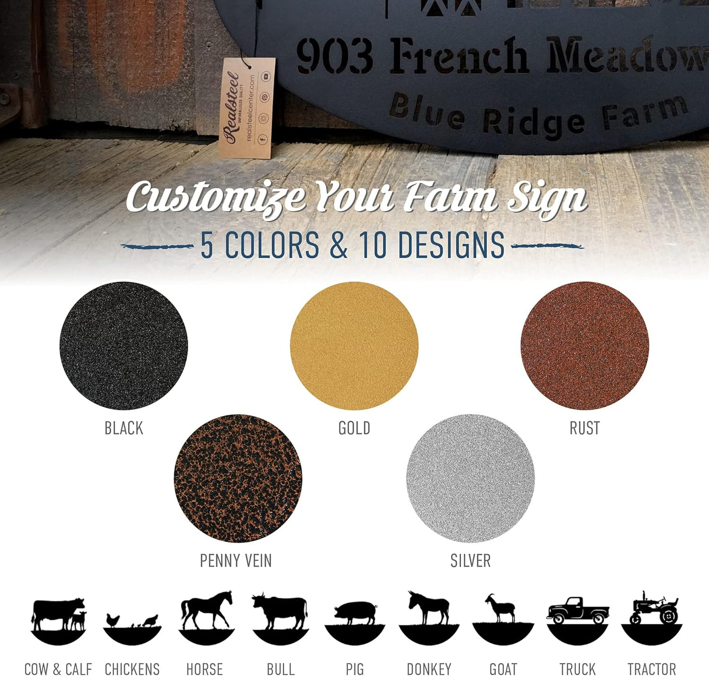 RealSteel Personalized Farm Sign - Custom Design Metal Family Name Sign - Weather & Rust Resistant - Rustic Charm - Choose Your Design - Home Decor - Outdoor Customized Sign for Ranch House