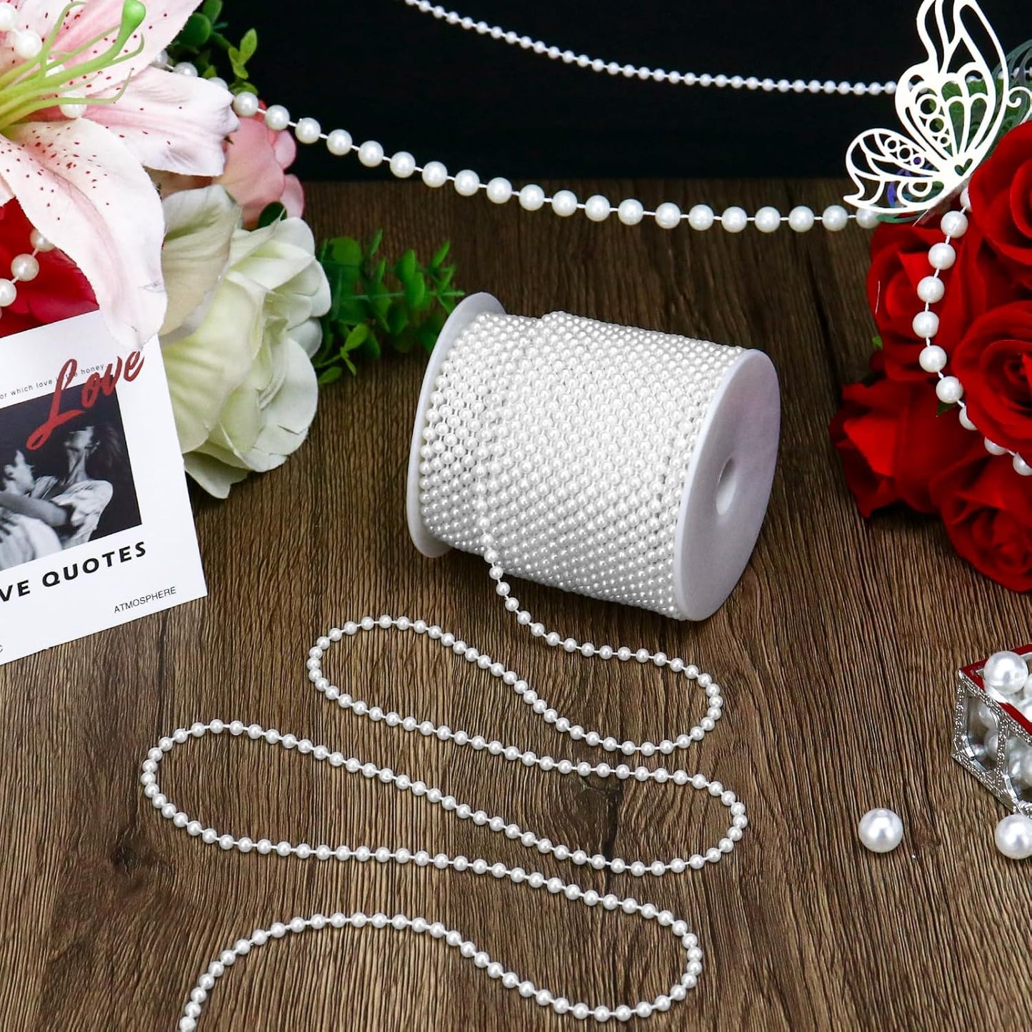 99 Feet 4mm Faux Pearl Strings Garland for Crafts, Artificial Pearl Beaded Trim Chain Strands for Wedding Centerpieces Bouquet Party Christmas Tree Decoration, White