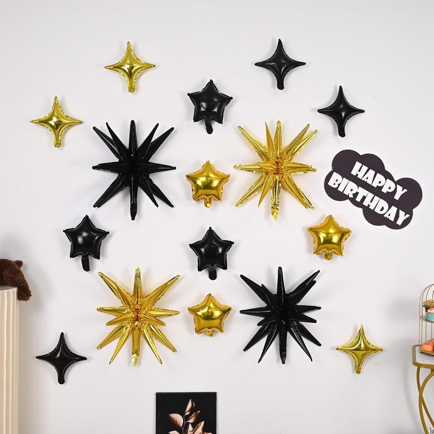 Black and Gold Star Balloons, 22in Large Star Balloons Foil 10in 4-Pointed & Pentagram Balloon for Graduation Retirement New Year Birthday Party Decorations