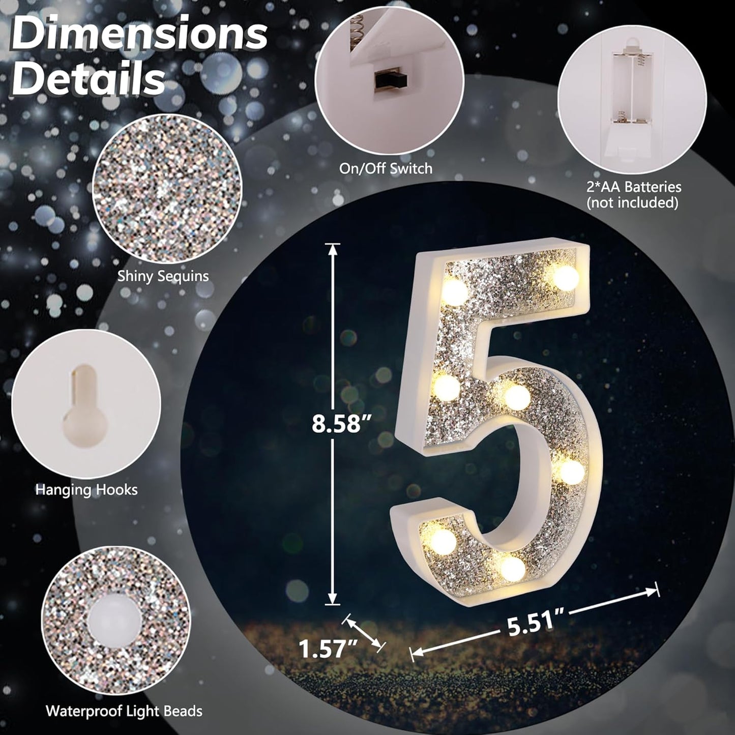 Marquee Light Up Letters, Glitter Silver LED Letter Lights Battery Powered Alphabet Letter Sign for Night Light Wedding Birthday Party Cafe Bar Decoration Girls Room Decor - Number 5