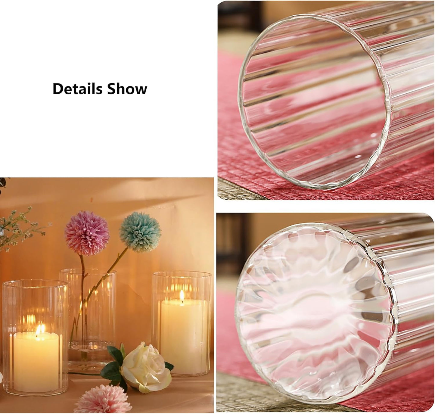Glass Cylinder Vases Set of 6 Clear Ribbed Glass Vases for Flowers,6 inch Tall Modern Floating Candle Vase Decor, Decorative Hurricane Candle Holders for Home Wedding Table Centerpieces Decor