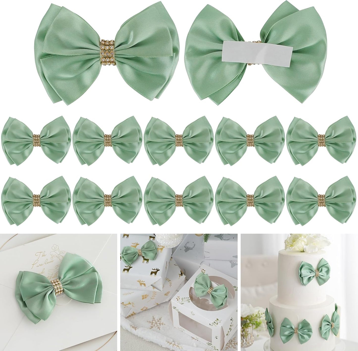 Moss Green Ribbon Bows 4'' Premade Satin Bow, Gift Bows with Rhinestone, Wrapping Bows for Presents, Greeting Cards, Treat Bags, Wine Bottles, Valentines Bows for Gift Wrapping-12 Counts