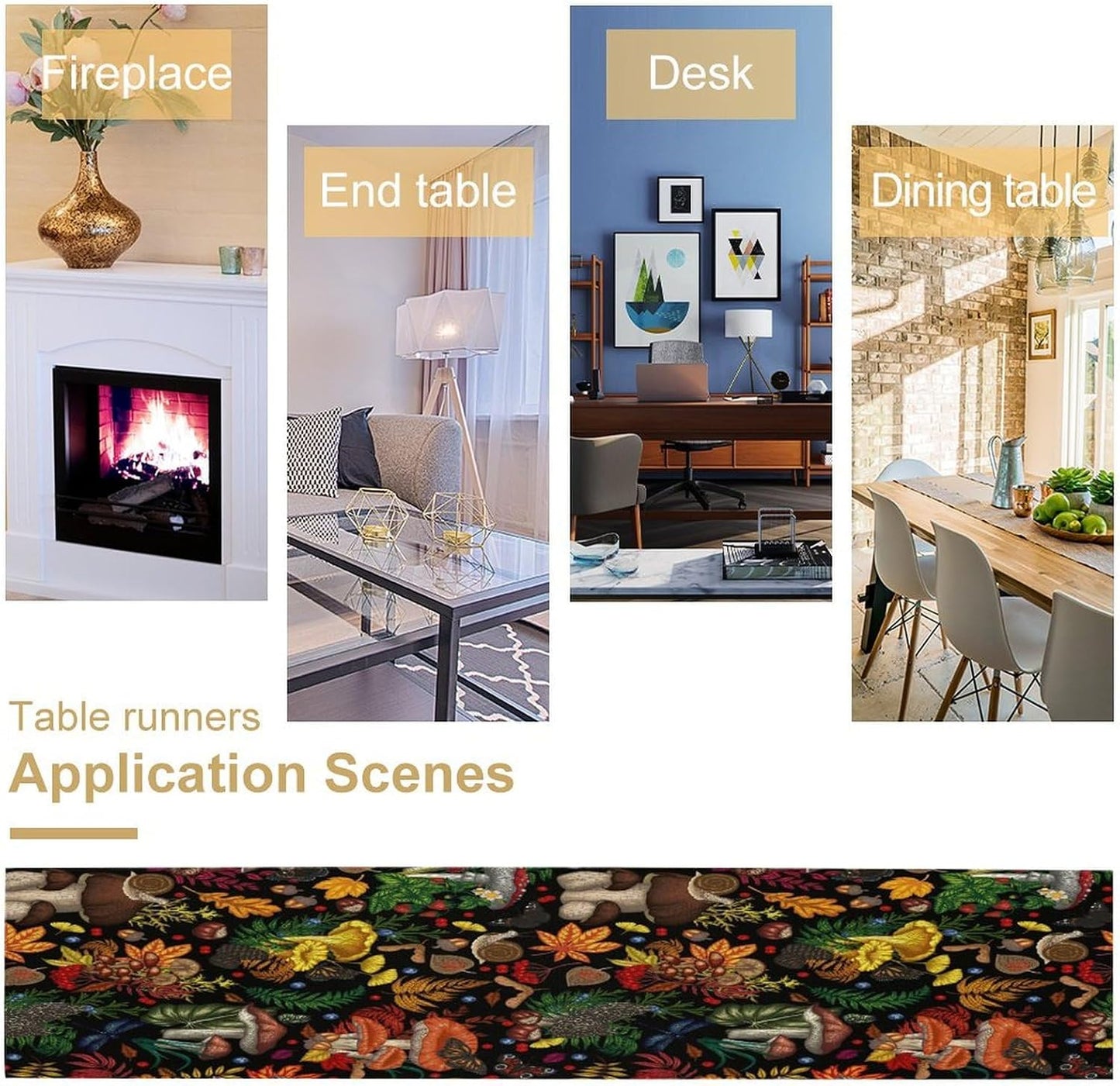 Nature Mushroom Table Runner,Retro Boho Floral Botanical Plant Forest Pattern Print Tablecloth Burlap for Hotel Indoors Outdoor Dining Room Kitchen Holiday Party, 13x80in