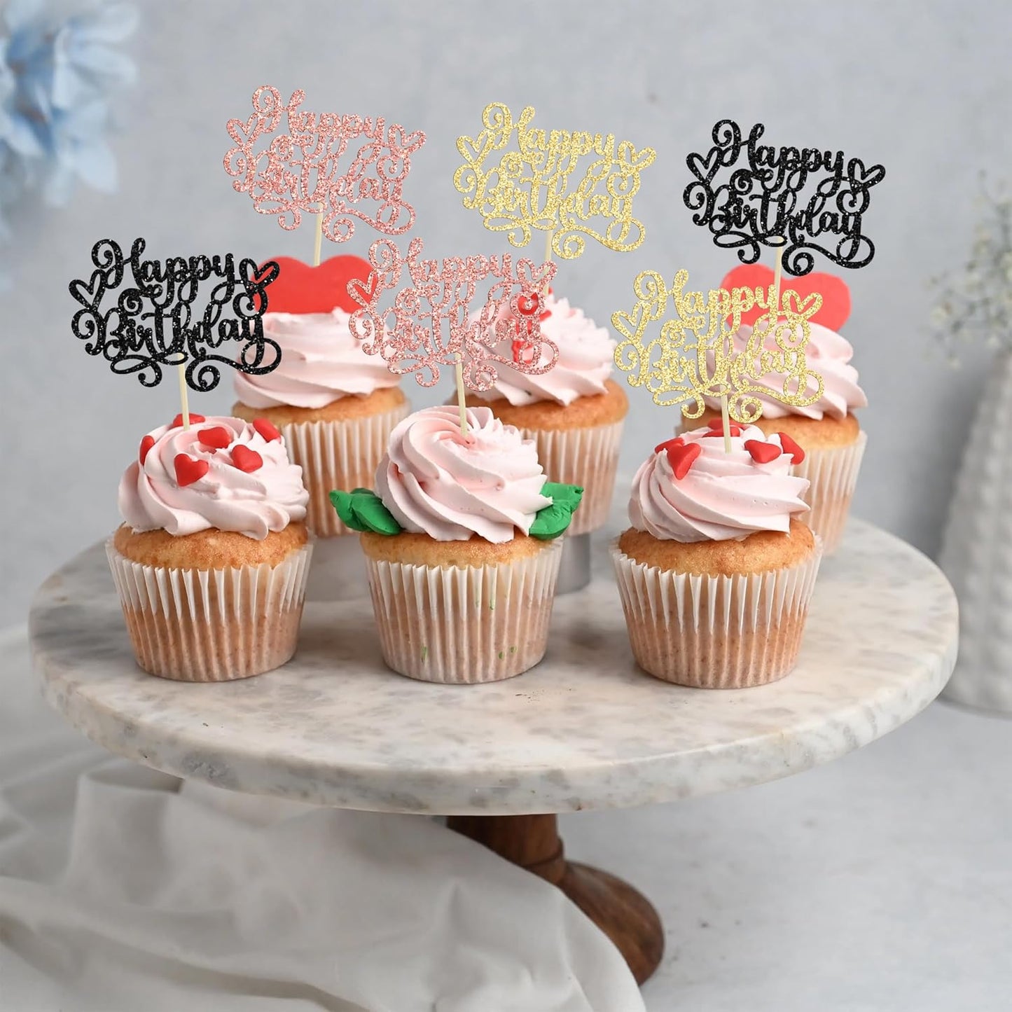 Gyufise 24Pcs Happy Birthday Cupcake Toppers Glitter Happy Birthday Cupcake Picks for Celebrating Happy Birthday Party Decor Anniversary Theme Party Cake Decorations Supplies Black Gold Rose Gold