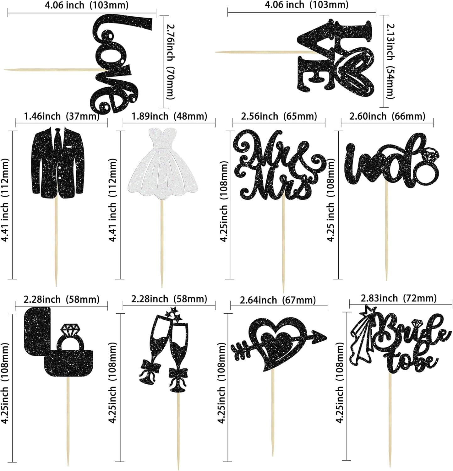 Ephlyn 30Pcs Bride to be Cupcake Toppers Glitter Wedding Cake Topper Decorations I Do Love Heart Ring Cupcake Picks for Bridal Shower Wedding Engagement Party Supplies Black