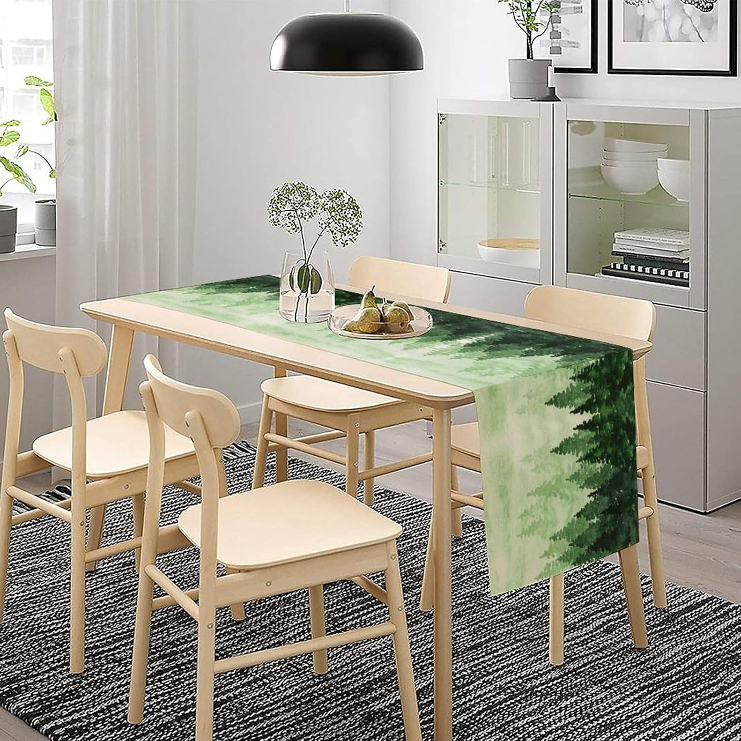 Foggy Forest Table Runner,Watercolor Wreen Misty Forest Landscape Table Runner for Kitchen Dining Table Home Party Decoration 13x108 Inch