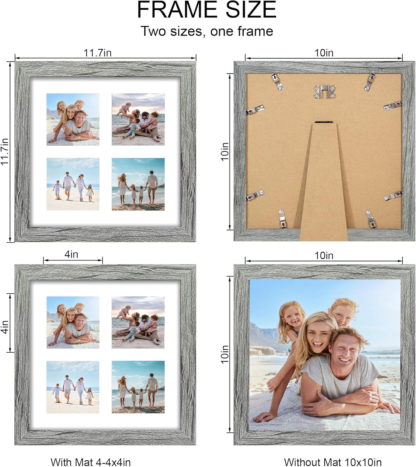 10x10 Picture Frame Set of 2, Real Glass and Grey Collage Frame, Display Pictures Four Opening 4x4 With Mat or 10 x 10 Without Mat for Wall Hanging or Tabletop