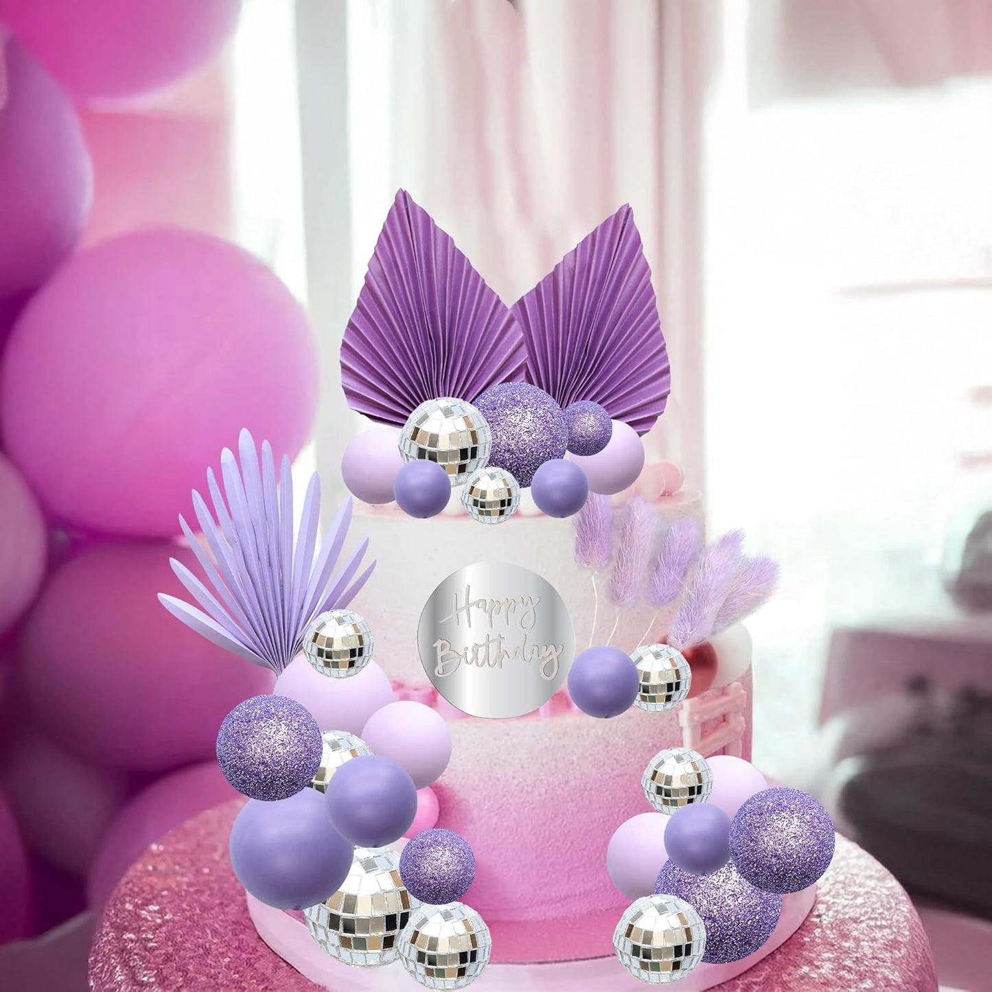 Ephlyn 33 Pack Balls Cake Toppers Boho Palm Leaves Cake Decorations Round Acrylic Happy Birthday Cupcake Toppers for Birthday Wedding Baby Shower Party Supplies Purple