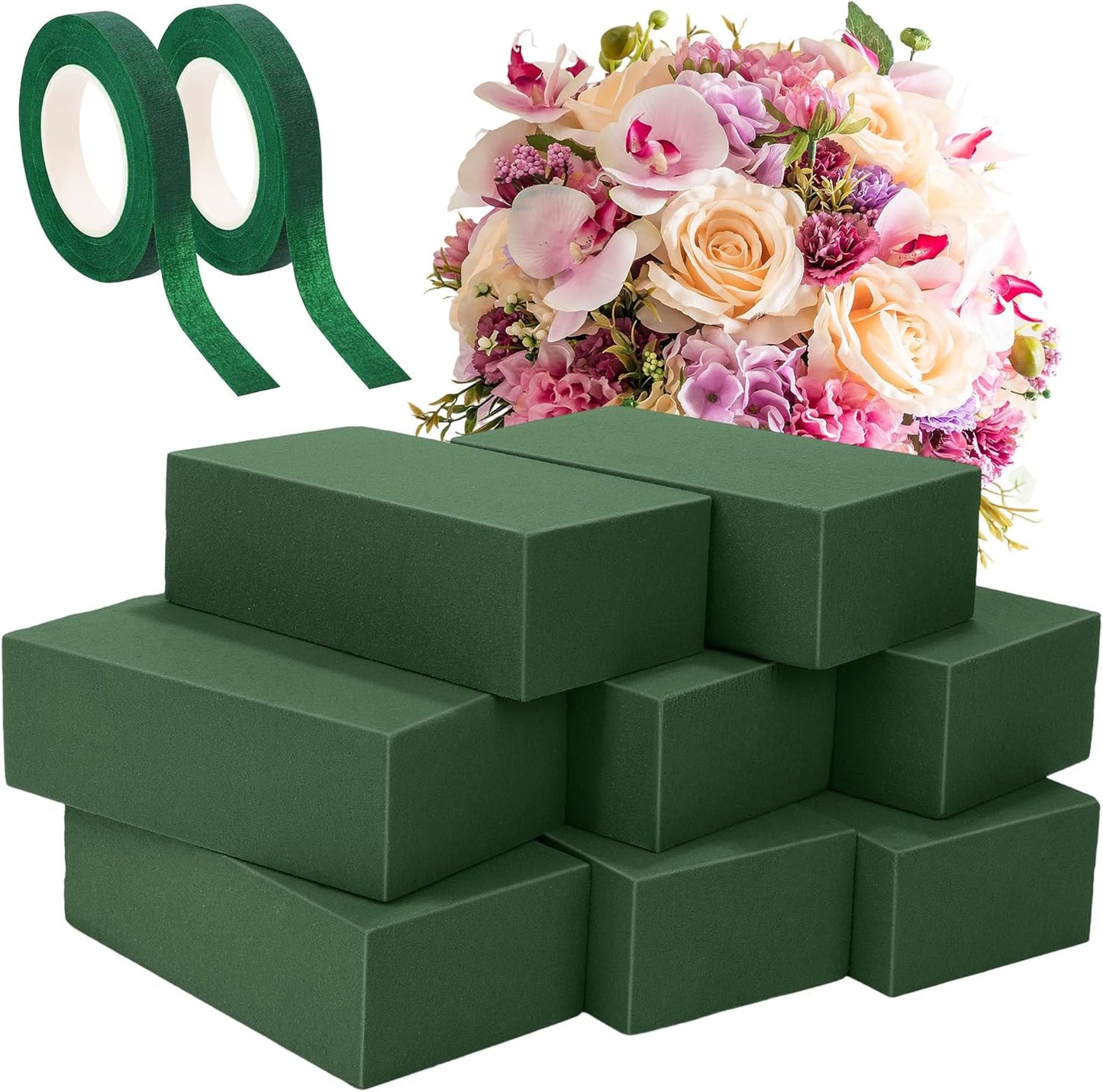 Aneco 8 Pieces Floral Foam Blocks with 2 Rolls Floral Tape 5.5''L x 3.1''W x 1.8''H Green Square Flower Foams Flower Arrangements Supplies for Dry & Wet Flower Wedding Home Decor and DIY Crafts