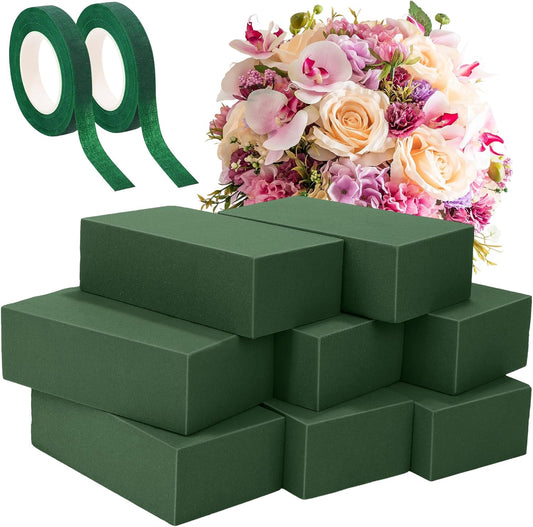 Aneco 8 Pieces Floral Foam Blocks with 2 Rolls Floral Tape 5.5''L x 3.1''W x 1.8''H Green Square Flower Foams Flower Arrangements Supplies for Dry & Wet Flower Wedding Home Decor and DIY Crafts