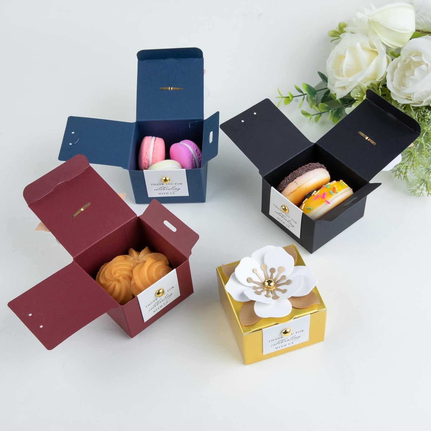 FEIYI 20 PCS Candy Boxes, 3 In 1 Black Favor Boxes with Floral Decor, White Thank You Tags Gift wrapping for Wedding Birthday Baby Shower Decorations Party -2.55x2.55x1.77''