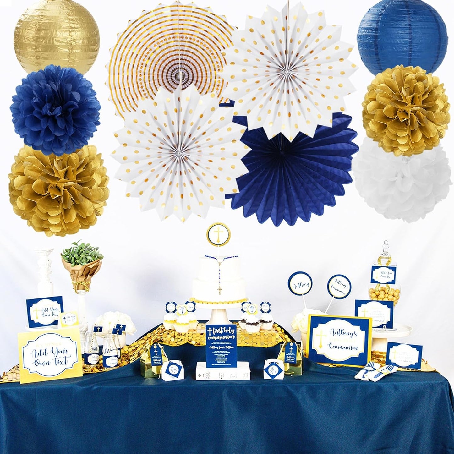 Navy-Blue White Gold Party-Decorations - 20pcs Graduation 2025 Paper Lanterns Fans,Tissue Pom Poms,Honeycomb Ball,Birthday Bridal Celebration Bachelorette Baby Shower Wedding Homecoming Decor Burgleda