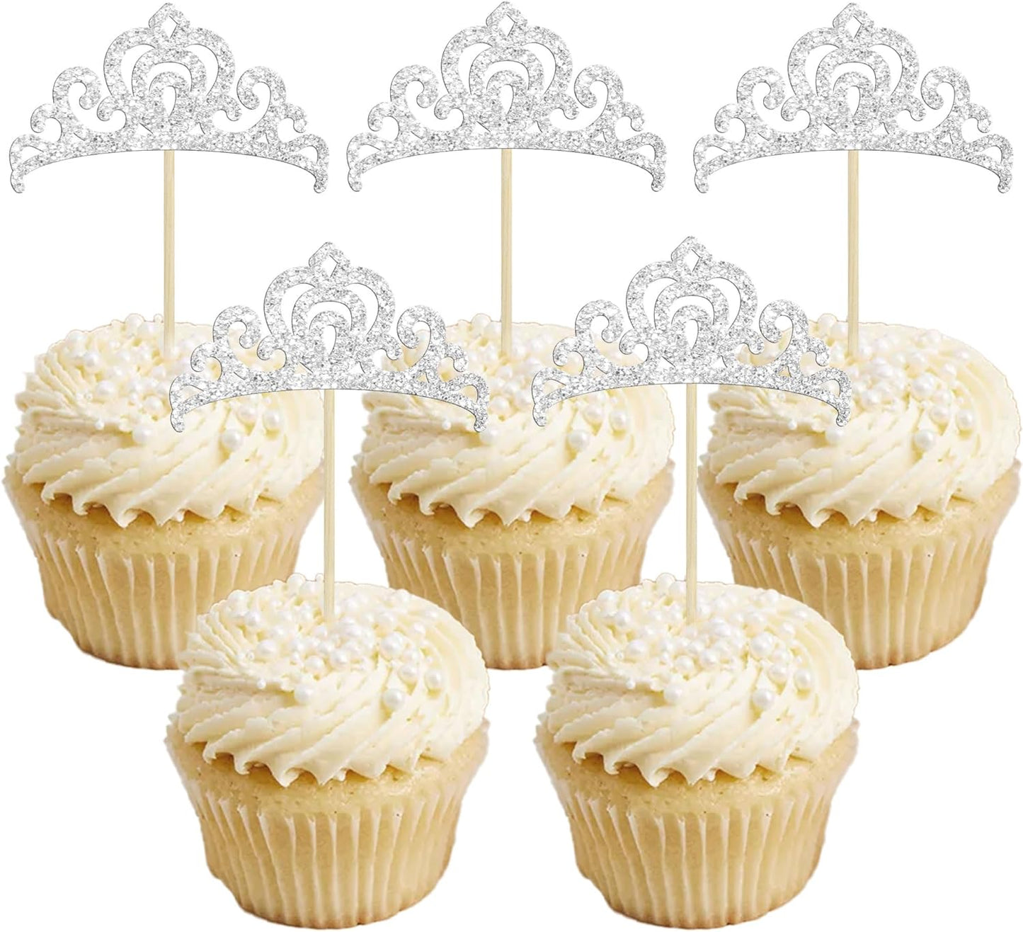 Gyufise 24Pcs Silver Princess Crown Cupcake Toppers Glitter Princess Cake Pick Decorations for Wedding Girl Birthday Baby Shower Party Decorations