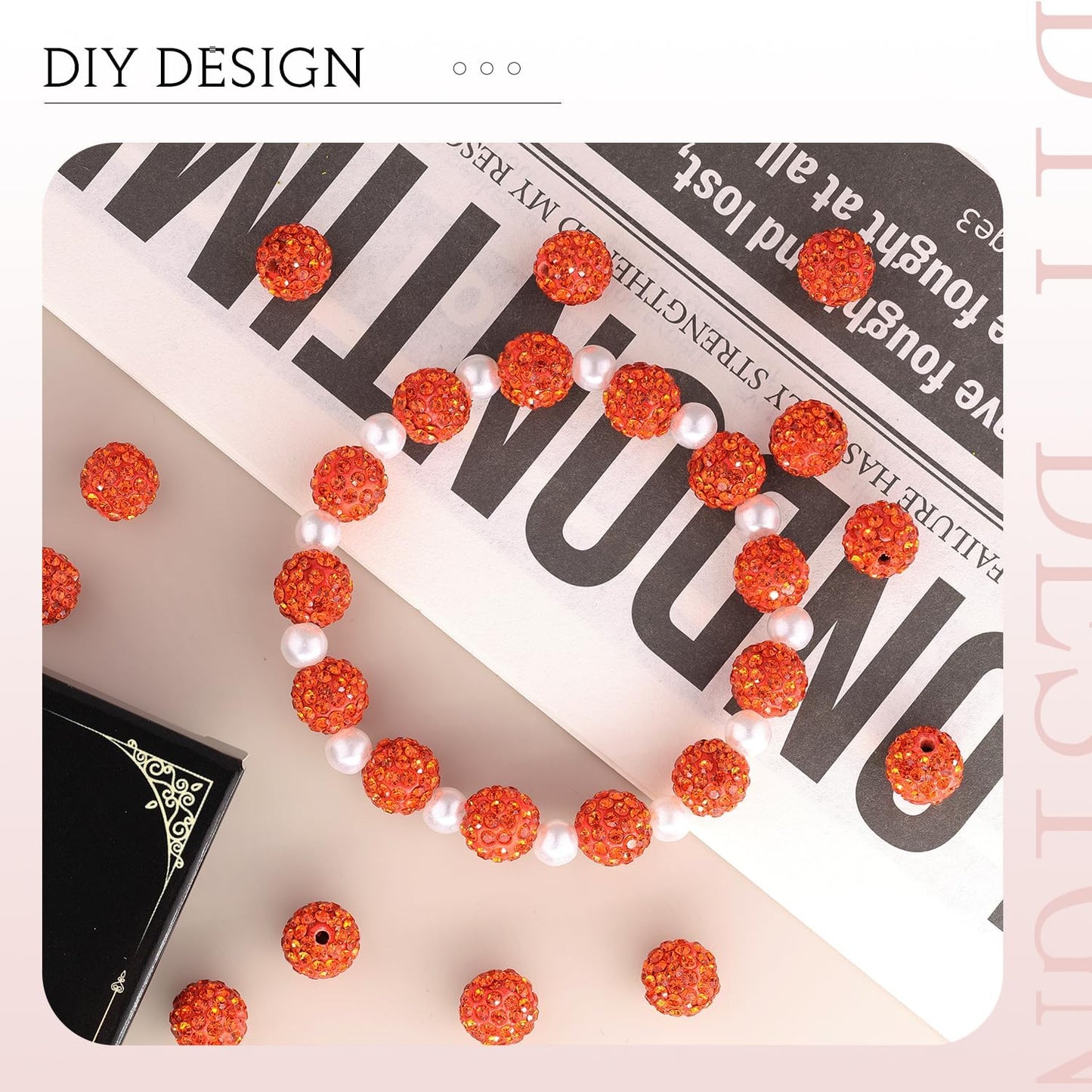 100 pcs 10mm Rhinestone Beads for Jewelry Making, Orange Shiny Round Shamballa Disco Beads Bulk, Sparkle Crystal Clay Christmas for Bracelet Baseball Necklace Earring Crafting and DIY