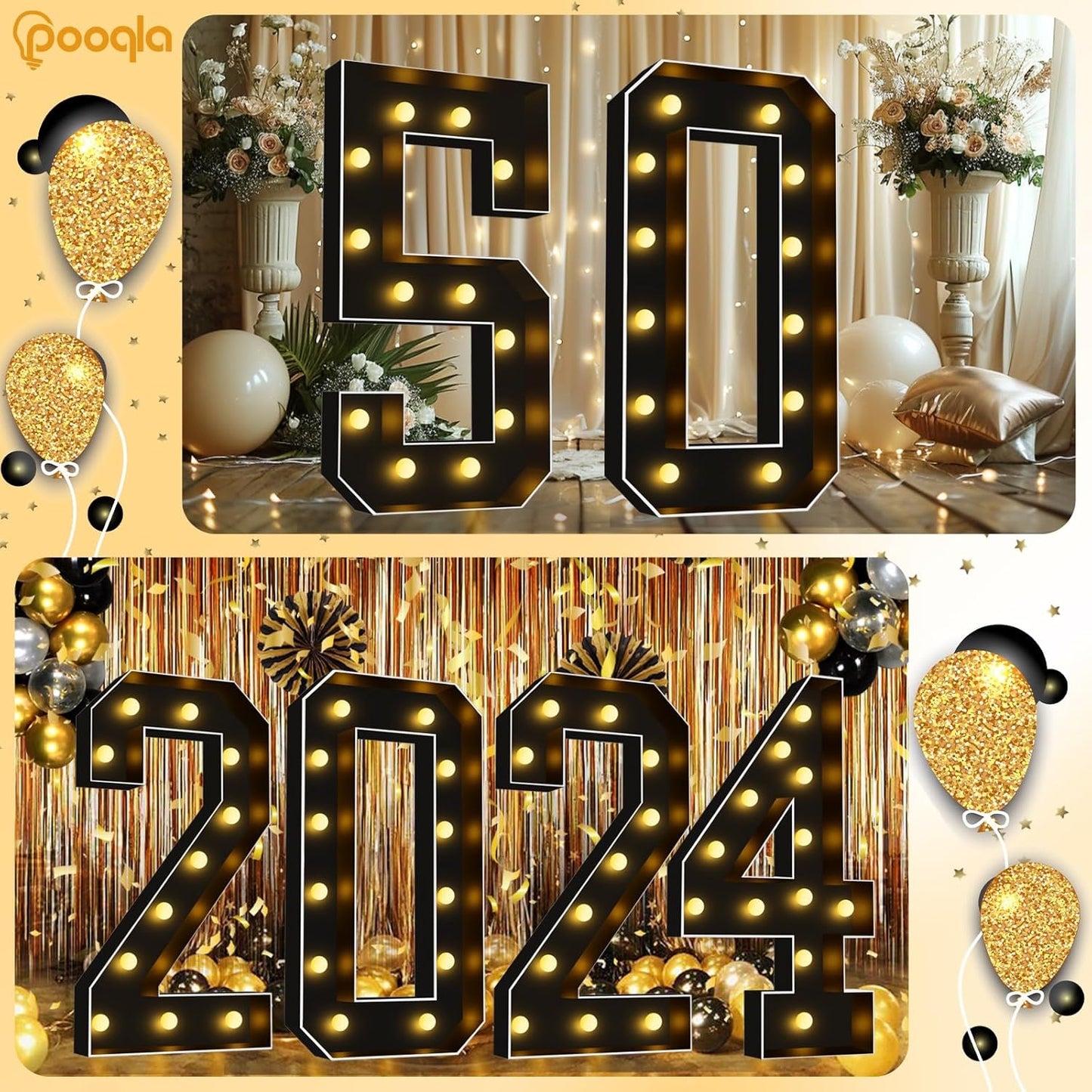 Pooqla 4 FT Light Up Marquee Numbers, Black Big Mosaic Numbers 4 Feet Tall for 2nd 12th 21st Birthday, Giant Marquee Number Lights for Balloons Party Anniversary Wedding Decorations, Warm White 2