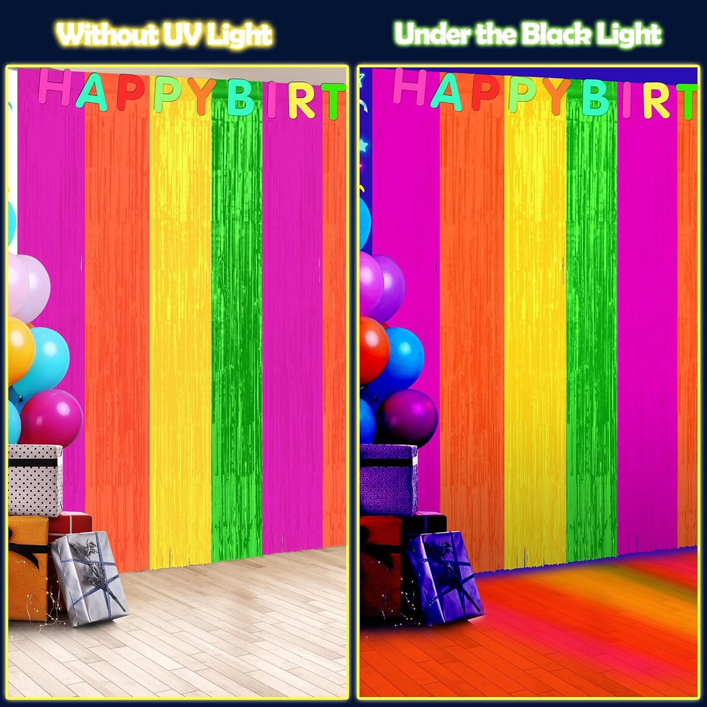 4Pack 3.3Ft x 6.6Ft Multi-Color Glow in the Dark Foil Fringe Curtain Backdrop Party Supplies, Fluorescent Macaron Metallic Tinsel Foil Streamers Curtain Photo Booth for Neon Birthday Party Decorations