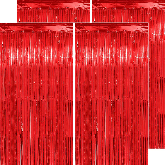 Red Streamers Party Decorations - Thicken 4 Pack 3.2 x 8.2 FT - Tinsel Foil Fringe Curtains Party Backdrop for Birthday, Casino, Carnival, Cherry, Hollywood Red Carpet Party Decorations