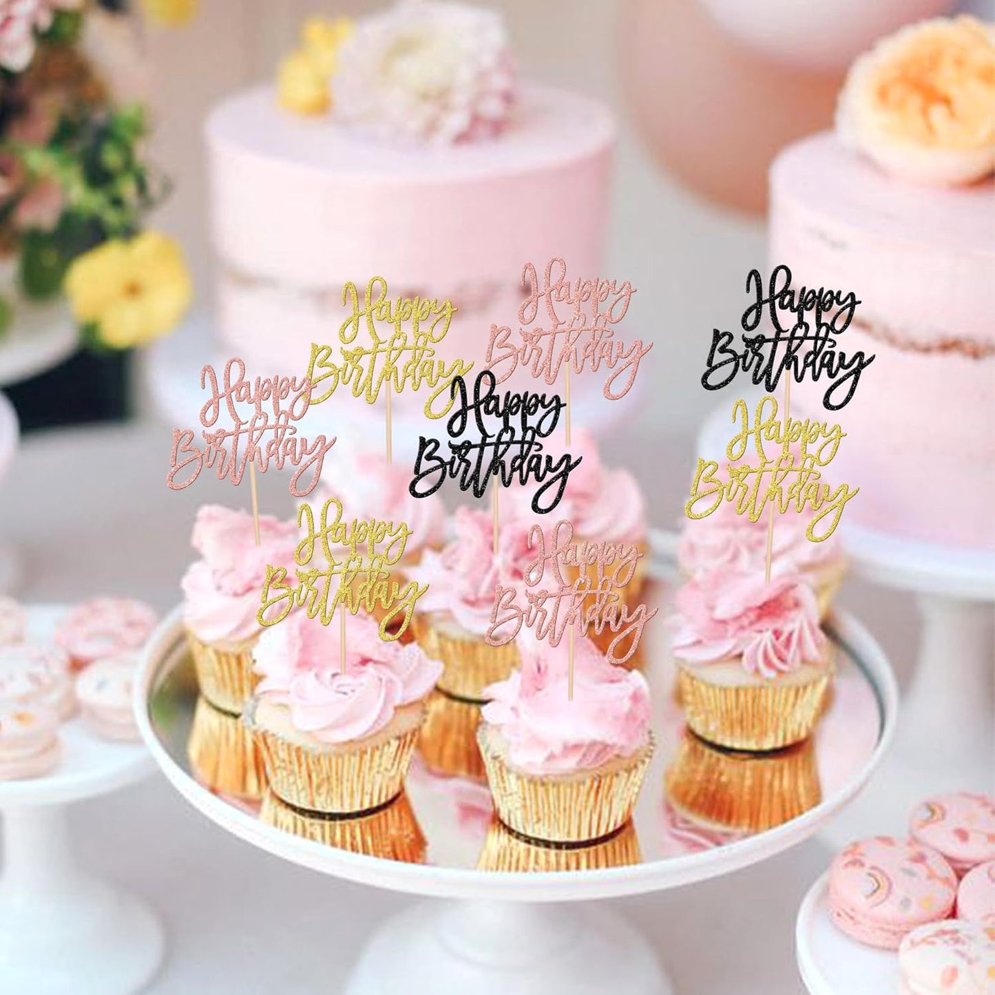 24 PCS Happy Birthday Cupcake Toppers Glitter Happy Birthday Cupcake Picks for Celebrating Anniversary Theme Party Cake Decorations Supplies Gold Black Rose Gold