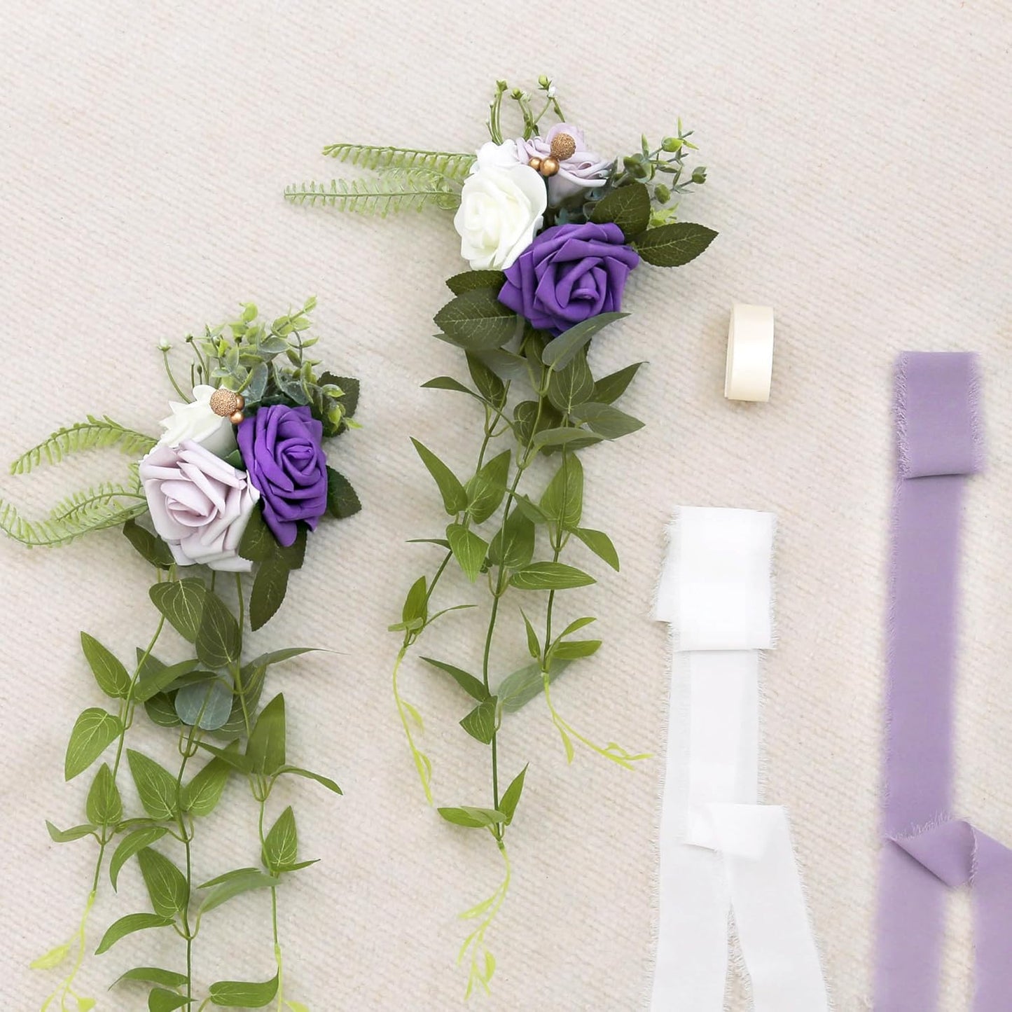 DORIS HOME Wedding Chair Decorations Purple Pew Flowers Set of 10 for Wedding Ceremony Party Aisle Decor with Artificial Flowers Eucalyptus and Ribbons