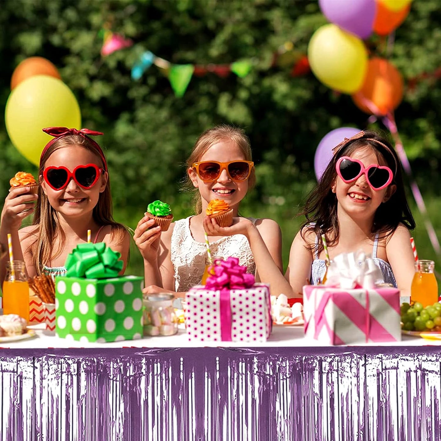 4 Pack 29x108 Inch Metallic Foil Fringe Tinsel Table Skirts for Rectangle Tables Streamer Backdrop for Wedding, Birthday, Parade Floats, Christmas, Halloween Party Decoration(New Light Purple)