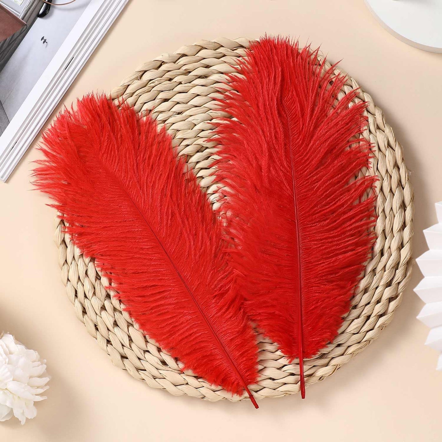 YAKRUNA 30PCS Red Ostrich Feathers Bulk 12-14 Inches for Centerpieces for Wedding Birthday Gatsby Party, Decorative Plumes for Vase & Table & Christmas Tree Decor (30-35cm, Red)