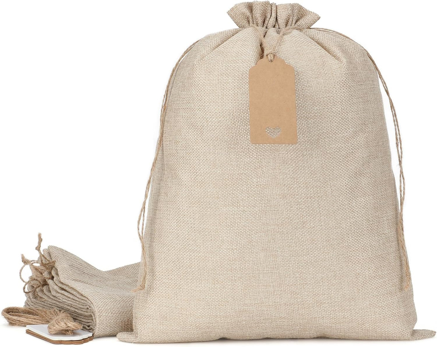 Tapleap Burlap Gift Bags with Drawstring - 10Pcs 12x16 Original Sacks with String and Tags for Wrapping Halloween Favors, Breads, Wine, For Birthday, Wedding or Household Use