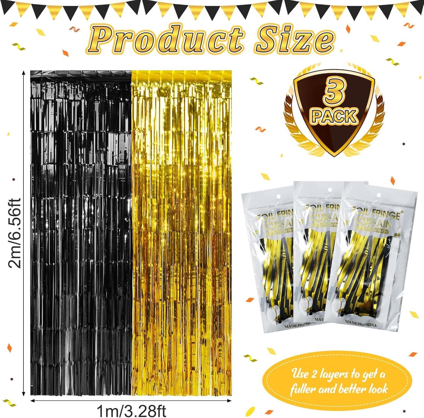 3Pack 3.3Ft x 6.6Ft Graduation Foil Fringe Curtain Backdrop Decorations, Black Gold Metallic Tinsel Foil Streamers Curtain Photo Booth Background for Graduation Prom Wedding Birthday Party Decorations