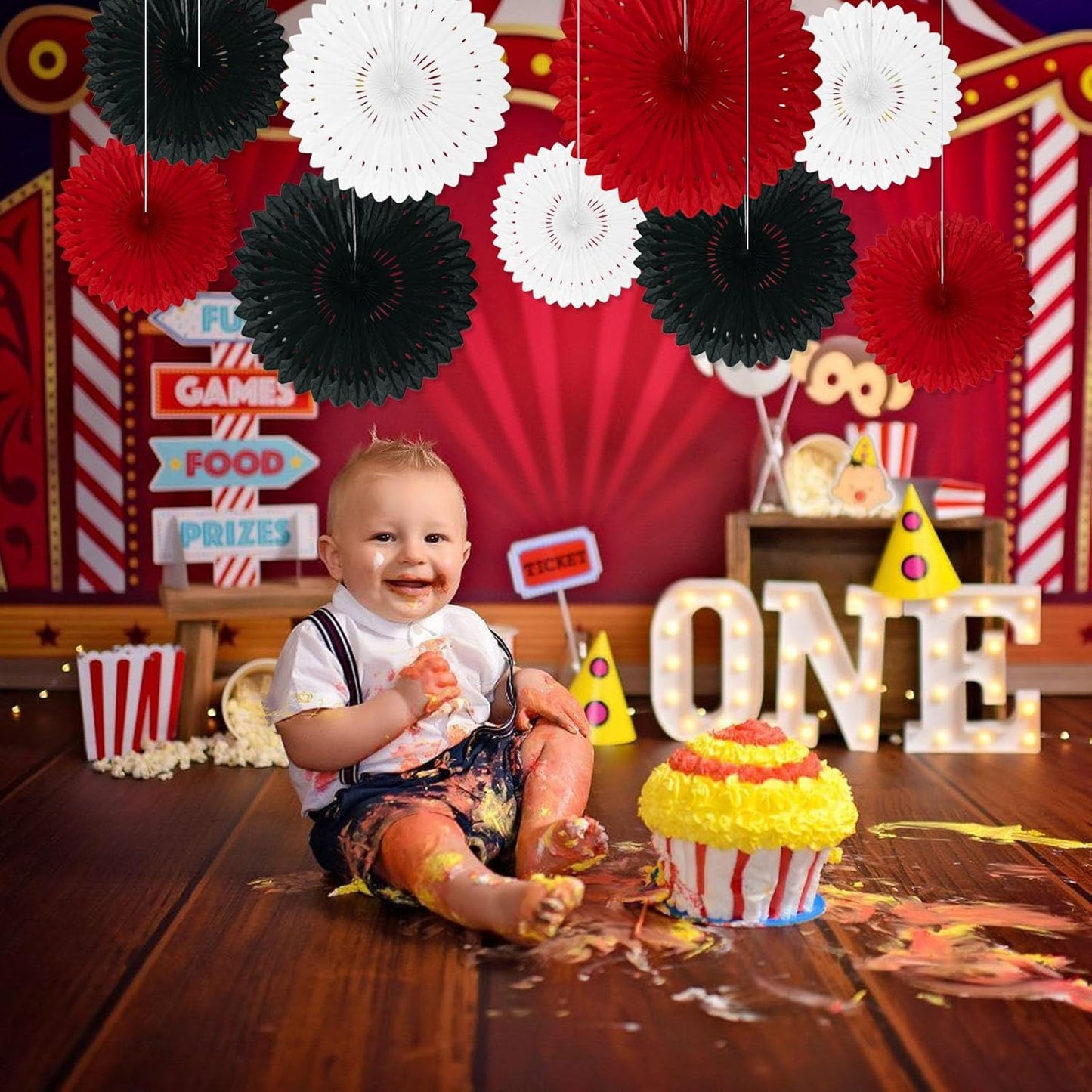 18 Pcs Black Red White Hanging Honeycomb Paper Fans, Round Paper Fan Decorations for Weddings, Birthdays, Bachelorette, Photo Booth Backdrops, Baby Shower, Anniversary Events Party Supplies