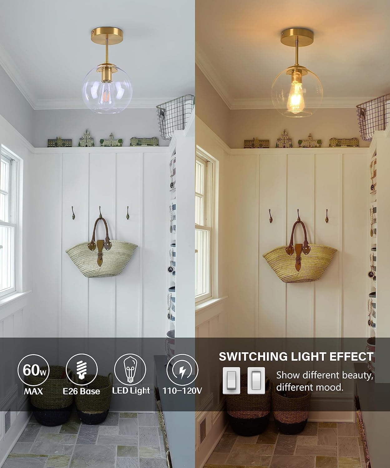 Gold Semi Flush Mount Ceiling Light Fixture with Clear Glass Light Fixture Mid Century Light Fixtures Gold Semi Flush Ceiling Light Fixtures for Dining Room Kitchen Island (Bulb Incl)