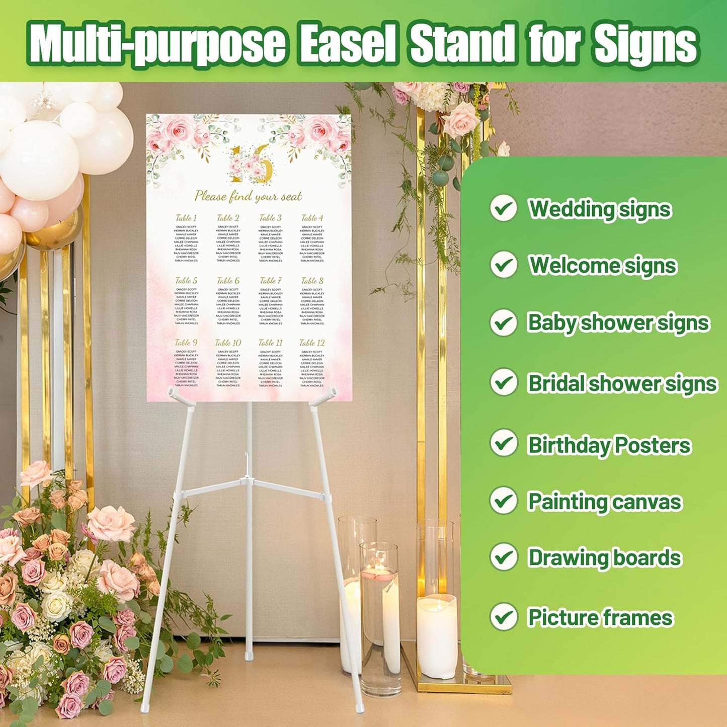 6 Pack White Easel Stand for Sign - 63" Adjustable Folding Floor Easels for Wedding Sign, Welcome Sign, Poster, Picture, Painting - Lightweight Portable Display Easels with Bags, Holds 5 lbs