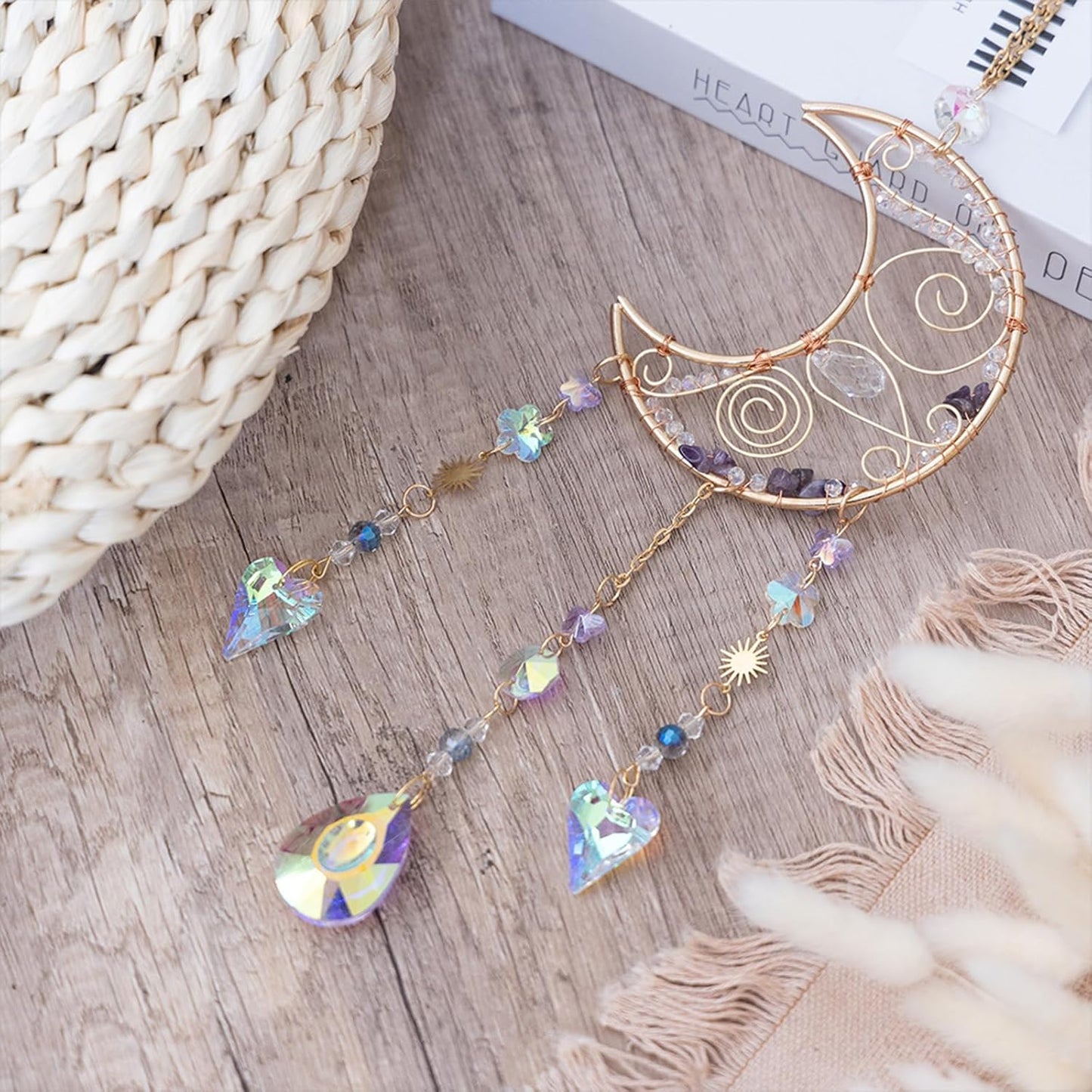 TUOKING Crystal Moon Suncatchers for Window Hanging Natural Healing Stones Wind Chimes Sun Catcher Rainbow Maker Good Luck Gifts Decor for Home Garden