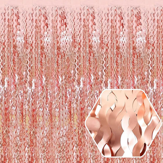 4 Pack Rose Gold Wave Foil Fringe Curtain Backdrop, 3.28Ft x 8.2Ft Metallic Tinsel Foil Fringe Streamer Curtains for Photo Booth, Mother's Day, Easter, Birthday, Wedding Party Decoration