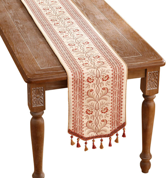 ISAENNE Designer Vintage Linen Extra Long Table Runner 118 Inches,Red Floral Pattern Modern Decor Table Runners for Dining Tables,Thanksgiving,Kitchen Tables,Christmas,Banquet,12"*118"-Chamonix A