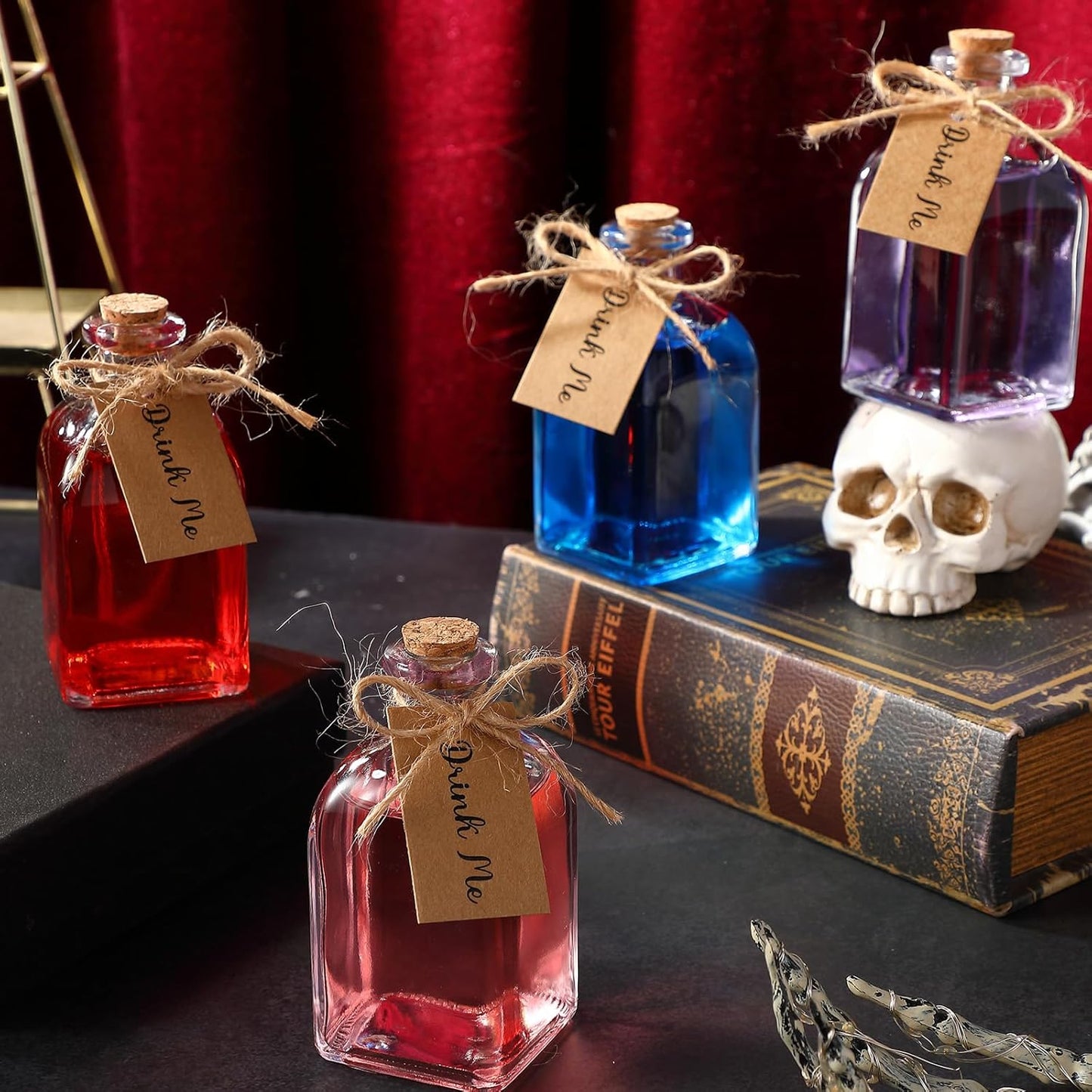 Baderke 18 Pcs 4oz Glass Potion Bottles Favor Jars with Cork Lid Twine Tags Glass Bottles Tiny Vintage Square Water Candy Jars Honey Spice Vials Party Favors DIY Crafts Halloween Wedding Decorations