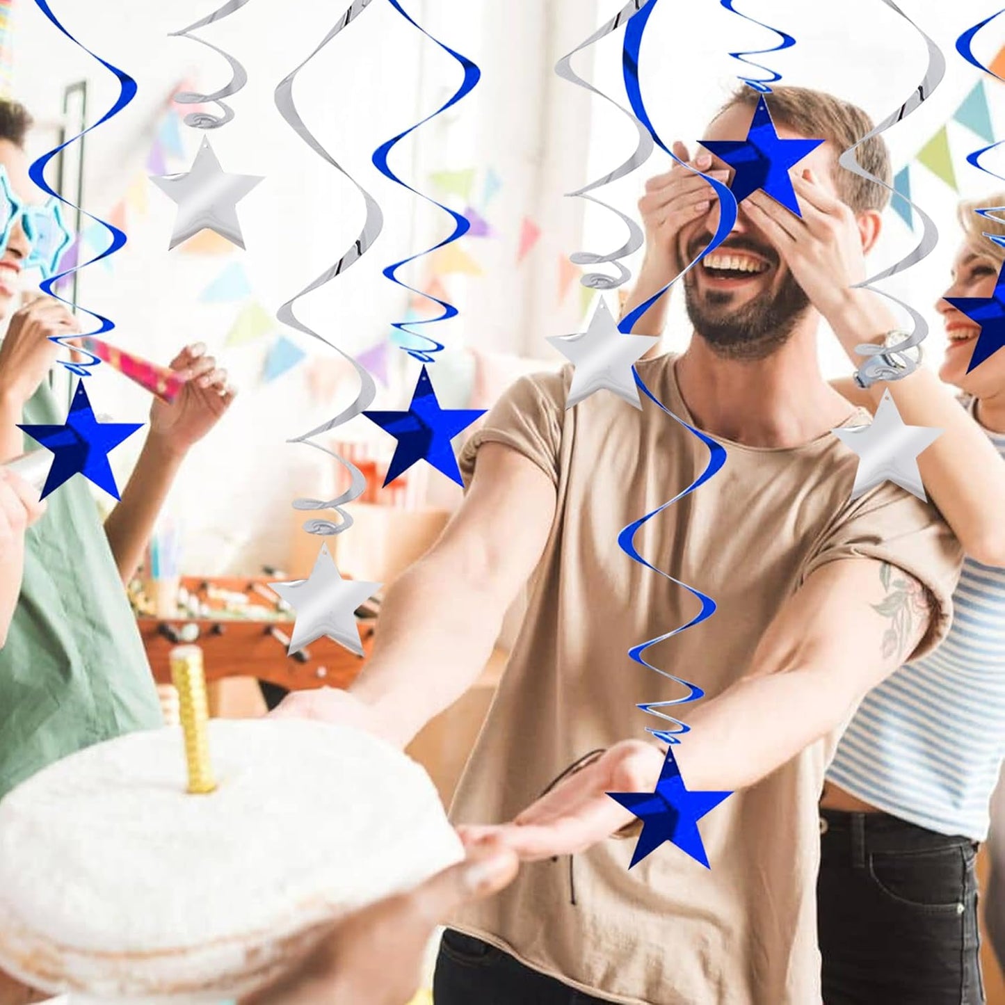 BEISHIDA Blue Silver Stars Hanging Swirls Bachelorette Graduation Hanging Ornament Decorations for Birthday Party Baby Shower Supplies Congrats Grade 2025 Graduation Decorations,Pack of 15