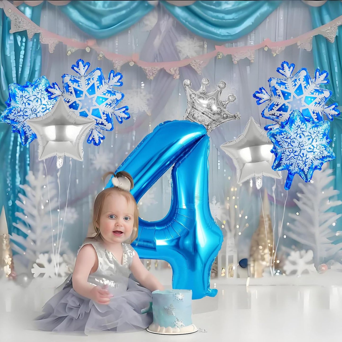 8Pcs Winter Wonderland Decorations - 40inch Blue Number 4 Balloons - Crown Balloons for Winter Wonderland Party Decorations - Birthday Decoration