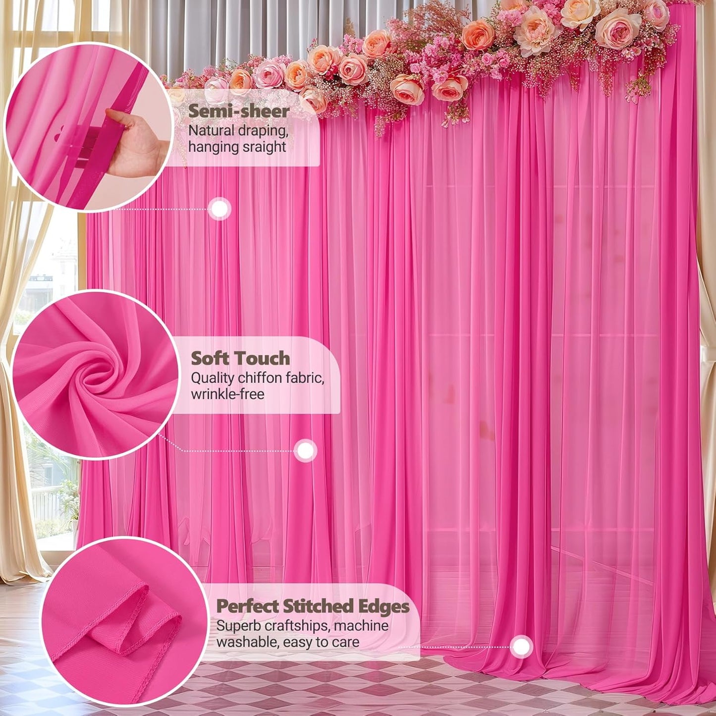10ft x 10ft Hot Pink Backdrop Curtains, Wrinkle-Free Sheer Chiffon Fabric Photo Backdrop Drapes for Wedding Arch Party Ceremony Stage Photography Decorations