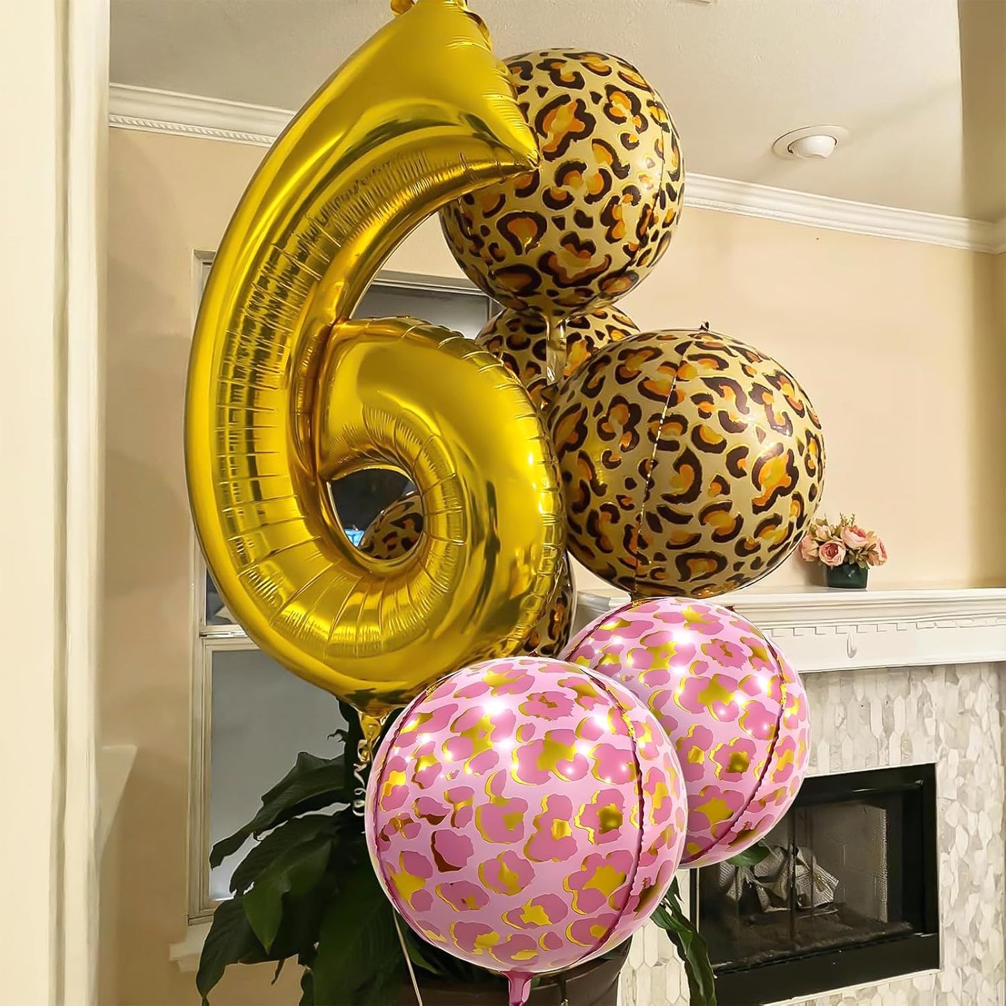 6Pcs Gold and Pink Cheetah Print Foil Balloons, 22inch 4D Leopard Theme Balloons, Large Round Ball Animal Foil Balloon for Cheetah Zoo Themed Wild Jungle Birthday Party Backdrop Decorations